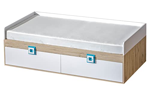 Marmex Nico N14 Einzelbett 90x200 cm mit Schubladen für Jugendzimmer - Funktionelles Bett für Kinderzimmer - Hochwertige Möbelbeschläge - Laminierte Spanplatte - Eiche Hell + Weiß + Türkis von Marmex Meble