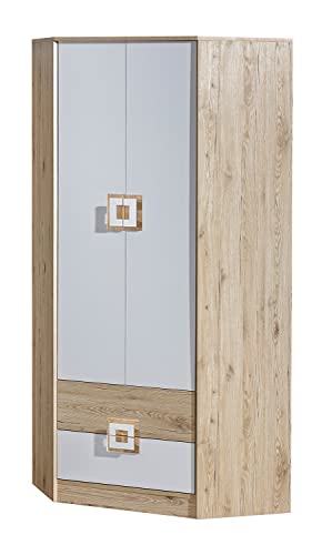 Marmex Nico N2 Eckkleiderschrank - Hochwertige Möbelbeschläge - Kleiner Kleiderschrank - Kleiderschrank für Jugend, Kinderzimmer - Eiche Hell + Weiß + Eiche hell - 87x190x87cm von Marmex Meble