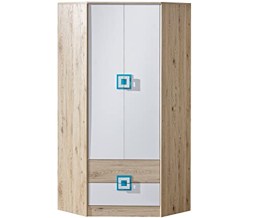 Marmex Nico N2 Eckkleiderschrank - Hochwertige Möbelbeschläge - Kleiner Kleiderschrank - Kleiderschrank für Jugend, Kinderzimmer - Eiche Hell + Weiß + Türkis - 87x190x87cm von Marmex Meble