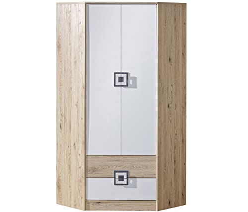 Marmex Nico N2 Eckkleiderschrank - Hochwertige Möbelbeschläge - Kleiner Kleiderschrank - Kleiderschrank für Jugend, Kinderzimmer - Eiche Hell + Weiß + Grau - 87x190x87cm von Marmex Meble