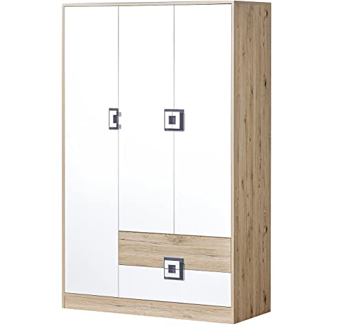 Marmex Nico N3 Dreitüriger Kleiderschrank - Hochwertige Möbelbeschläge - Kleiner Kleiderschrank - Kleiderschrank für Jugend, Kinderzimmer - Eiche Hell + Weiß + Grau - 120x190x50cm von Marmex Meble