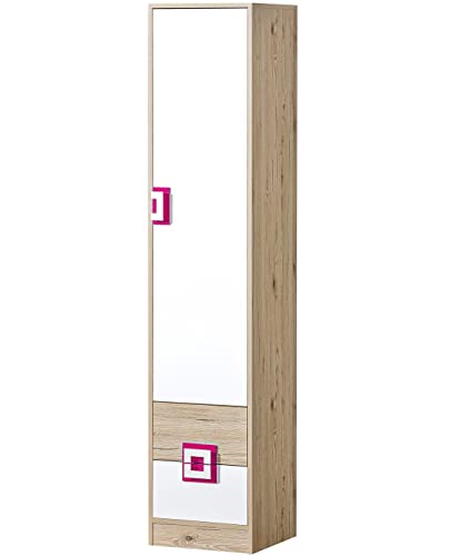 Marmex Nico N5 Eintüriger Kleiderschrank - Hochwertige Möbelbeschläge - Kleiner Kleiderschrank - Kleiderschrank für Jugend, Kinderzimmer - Eiche Hell + Weiß + Rosa - 40x190x40cm von Marmex Meble