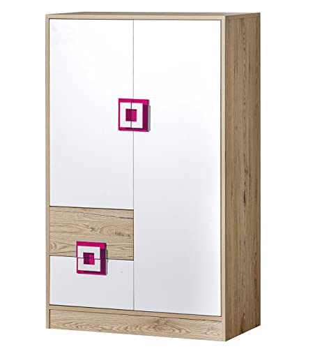 Marmex Nico N7 Hochkommode - Große Kommode - Hochschrank mit Regalen - Kommode für das Jugendzimmer, für das Kinderzimmer - Eiche Hell + Weiß + Rosa - 80x130x40cm von Marmex Meble