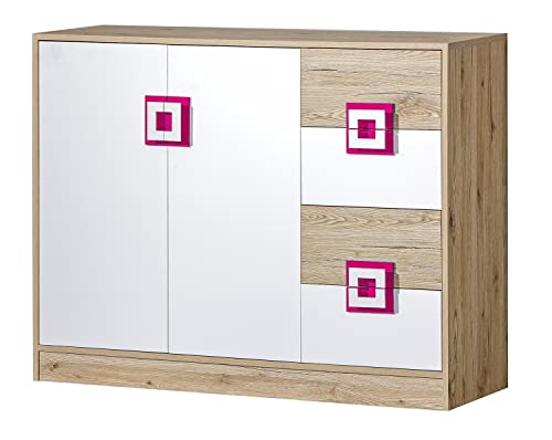 Marmex Nico N8 Hochkommode - Große Kommode - Hochschrank mit Regalen - Kommode für das Jugendzimmer, für das Kinderzimmer - Eiche Hell + Weiß + Rosa - 120x93x40cm von Marmex Meble