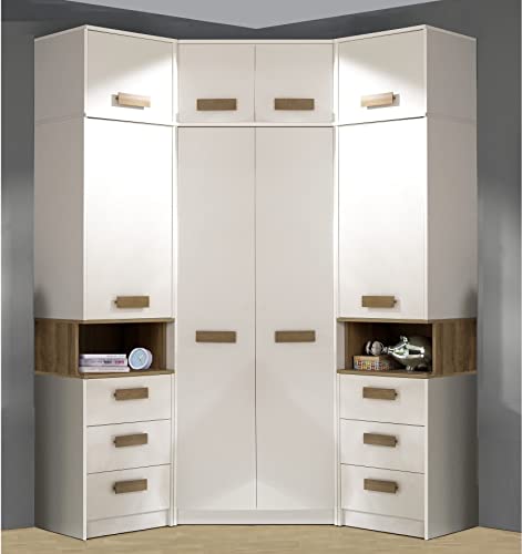 Marmex Grant G14 - Eckschrank 143x235x143 cm, 2X, Bücherregal - Eckgarderobe mit Kleiderstangen und Einlegeböden für das Jugendzimmer, Schlafzimmer - Eckkleiderschrank - weiß + Riviera Eiche von Marmex Meble