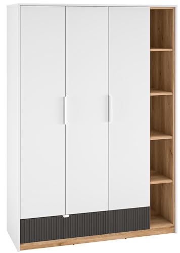 Marmex Torino 01 Kleiderschrank 138x196x53 dreitürig mit offenem Regal, Mehrzweckschrank gefräst, großer Jugendkleiderschrank, Kinderkleiderschrank Eiche weiß/Castello/Graphit für Zimmer von Marmex Meble