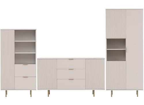 Marmex Wohnzimmer-Set Nubia 9 im Set: Standregal 05, Kommode 02, Regal 04, Mehrzweckschrank-Set für Wohnzimmer, Wohnwand, Wohnzimmerset in Zwei Farben (Cashmere+goldbeige) von Marmex Meble
