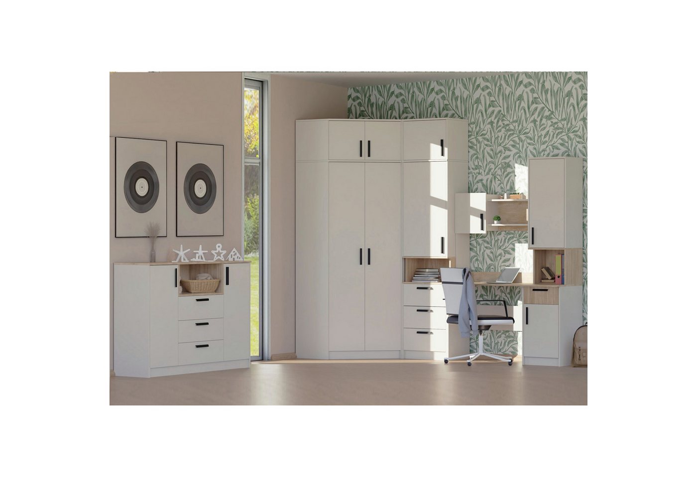 Marmex Möbel Jugendzimmer-Set GRANT SET 25 C Kinderzimmer-Set, (Kommode, Eckschrank+Schrankaufsatz, Regal+Schrankaufsatz, Schreibtisch), Soft-Close-Scharniere von Marmex Möbel