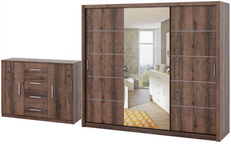 Marmex Möbel Mehrzweckschrank-Set BONO SET D großer Spiegelschrank mit Kommode Schlafzimmer Flur, (2-St), Schiebetüren, Kommode mit Schubladen von Marmex Möbel
