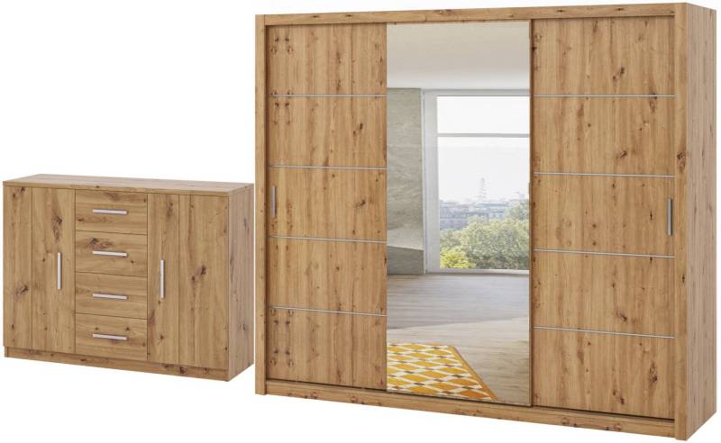 Marmex Möbel Mehrzweckschrank-Set BONO SET D großer Spiegelschrank mit Kommode Schlafzimmer Flur, (2-St), Schiebetüren, Kommode mit Schubladen von Marmex Möbel