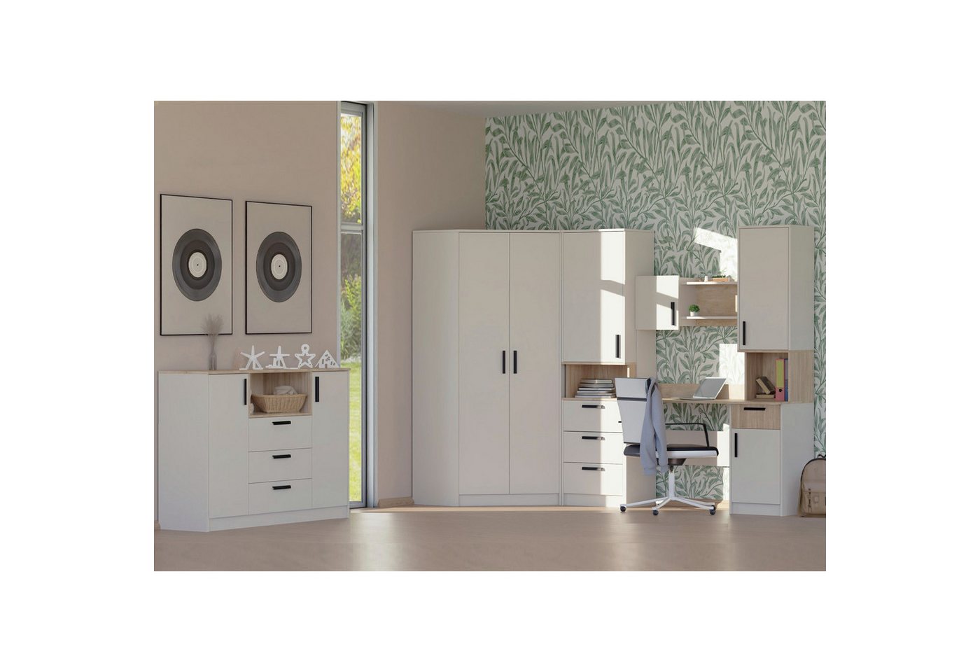 Marmex Möbel Mehrzweckschrank-Set GRANT SET 27 C Kinderzimmer Jugendzimmer, (Kommode, Eckschrank, Regal, Schreibtisch), Soft-Close-Scharnier, Kugelschubladenführungen mit Vollauszug von Marmex Möbel