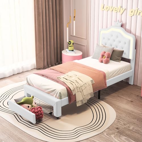 Marooma 90x200cm Mädchenbett, Kronenförmiges LED-Prinzessinnenbett, Polsterbett mit Schubladen, Lattenrost, höhenverstellbarem Kopfteil, Weiß, PU (90x200cm Weiß) von Marooma