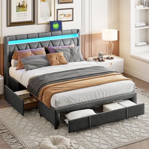 Marooma LED Doppelbett 140x200cm, mit 4-Schubladen, Grau Polsterbett mit einem diamantförmigen Kopfteil und USB-Ladefunktion, Modern Schlafzimmer Stauraumbett, Leinengewebe (Grau,140x200) von Marooma