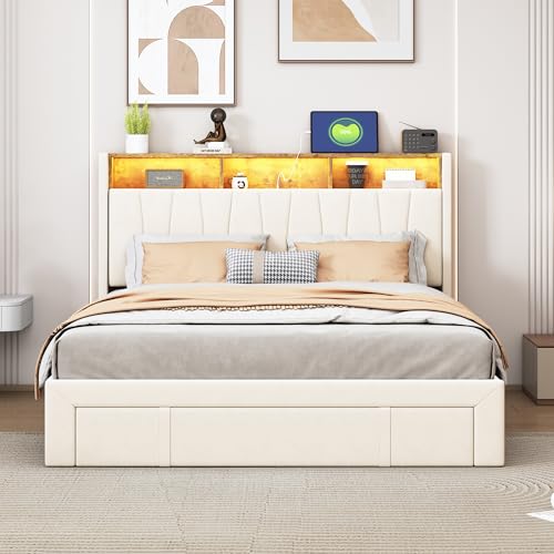Marooma Polsterbett Doppelbett mit Stauraum-Kopfteil und LED Beleuchtung, Stauraumbetten LED Bett mit USB-Ladefunktion, 4 Schubladen, Ohne Matratze, Samt, Beige (140 x 200cm) von Marooma