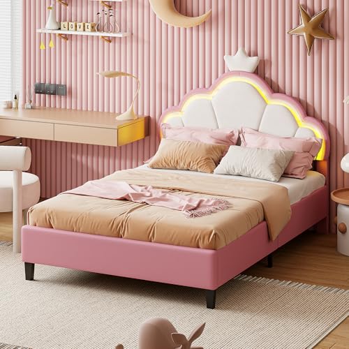 Marooma Polsterbett aus Samt mit Verstellbarer LED Lichtleiste, 90 x 200 cm, Kronprinzessin Bettgestell, mit flachem Nudelfuß und verstellbarem Kopfteil, ohne Matratze (Rosa, 90x200) von Marooma