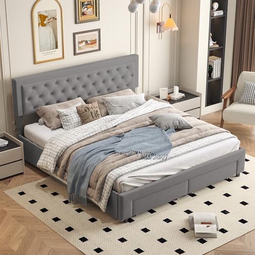 Marooma Samt Polsterbett 180x200 cm mit stauraum, modern Stauraumbett Doppelbett mit Lattenrost und Zwei Schubladen für Schlafzimmer, ohne Matratze, Einfach zu montieren (Grau 180 x 200cm) von Marooma