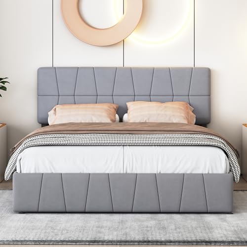 Marooma Samt Polsterbett Doppelbett 140x200cm mit 4-Eisenschubladen, Modernes Doppelbett Bettrahmen mit Lattenrost, Grau Stauraumbetten, ohne Matratze, einfache Montage (140 x 200cm) von Marooma