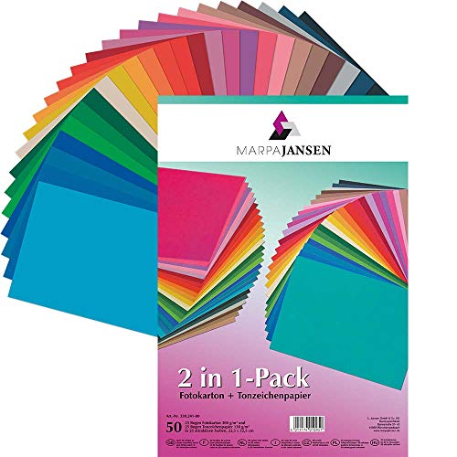 MarpaJansen 2in1-Pack, 50 Bogen, 25 Farben, 22,5 x 32,5 cm, je 25 Bogen Fotokarton 300 g/m² & 25 Bogen Tonzeichenpapier 130 g/m² von MARPAJANSEN