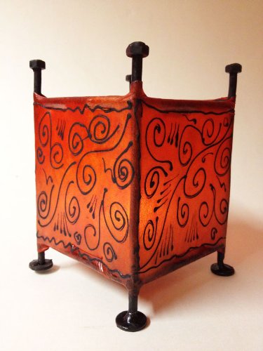 Windlicht Kerzenhalter orientalisch Budur Orange 15cm | Orientalische Vintage Teelichthalter | Marokkanische Windlichter aus Leder als Dekoration von Marrakesch Orient & Mediterran Interior