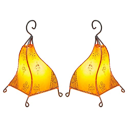 2er SET Orientalische Tischlampe Marrakesch 35cm Lederlampe Hennalampe Lampe | Marokkanische kleine Nachttischlampe aus Metall Lampenschirm aus Leder | Zwei Tischlampen Farbe Orange (2 Stück) von Marrakesch Orient & Mediterran Interior