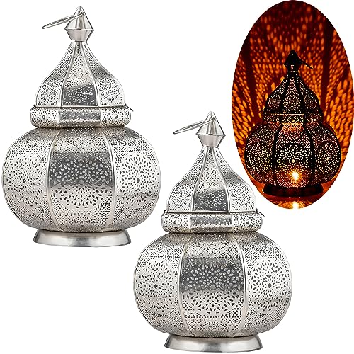2er Set Marrakesch Lampe und Laterne in einem aus Metall 30 cm groß | Tischlampe Windlicht Lamisa Silber als Orientalische Dekoration von Marrakesch Orient & Mediterran Interior