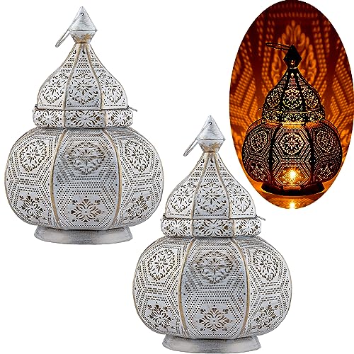 2er Set Marrakesch Lampe und Laterne in einem aus Metall 30 cm groß | Tischlampe Windlicht Mahana Weiss als Orientalische Dekoration von Marrakesch Orient & Mediterran Interior