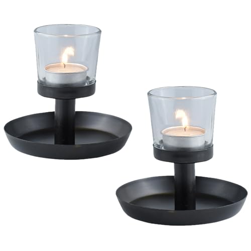 2er Set Marrakesch Skandinavische Deko Teelichthalter aus Metall & Glas in schwarz 12 cm groß | Windlicht Hyban als Wohnzimmer Tisch Deko | Exquisite Kerzenständer für Teelichter als Dekoration von Marrakesch Orient & Mediterran Interior