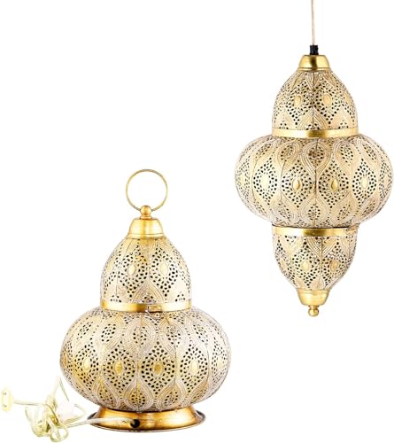 2er Set Orientalische Tischlampe und Deckenlampe Lampe Noumi 32cm und 42cm Gold Weiss E27 | Marokkanische Lampe aus Metall, Lampenschirm Goldfarbig | Modern,Vintage, Retro & Landhaus Stil Design von Marrakesch Orient & Mediterran Interior