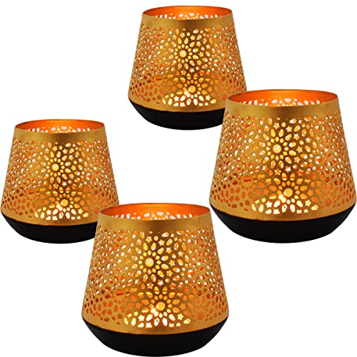 4er Set Orientalische goldene Laterne Windlicht Ceuta 12cm | Marokkanische Gold Gartenlaterne für draußen Innen als Tischlaterne | Marokkanisches Gartenwindlicht hängend oder zum hinstellen von Marrakesch Orient & Mediterran Interior