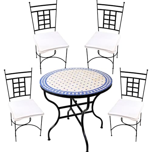 5er Gartenset Marrakesch Natur Blau 80cm Athen | mediterraner Mosaiktisch mit 4 Stühlen | handgefertigtes Balkon- & Terrassenset | marokkanische Mosaikmöbel aus Schmiedeeisen 5er Gartenset Marrakesch Natur Blau 80cm Athen | mediterraner Mosaiktisch mit 4 Stühlen | handgefertigtes Balkon- & Terrassenset | marokkanische Mosaikmöbel aus Schmiedeeisen von Marrakesch Orient & Mediterran Interior