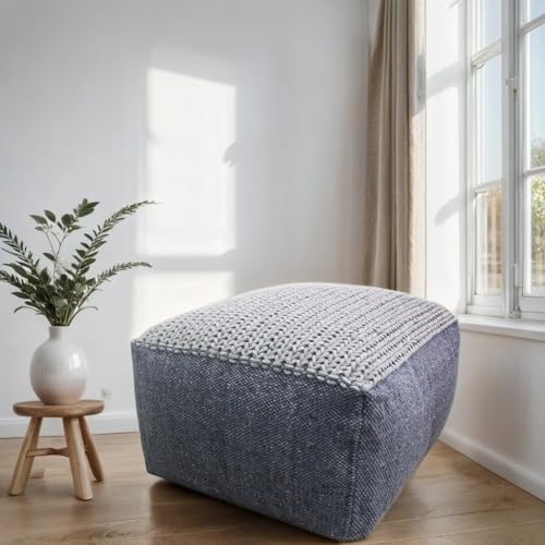 Eckiger Strick Pouf Puff 60cm extra Hochwertig inklusive Füllung | Sitzkissen Sitzpouf Sitzpuff Bailee Grau | Hocker Sitzhocker Fusshocker Strickhocker | Bodenkissen aus Baumwolle Grob gestrickt von Marrakesch Orient & Mediterran Interior