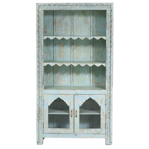 Handgeschnitztes Regal aus Massivholz – 200 cm, Vintage Braun | Standregal für Wohnzimmer, Diele & Schlafzimmer | Offenes Bücherregal, Raumteiler & Wandregal ohne Bohren Muster -154- von Marrakesch Orient & Mediterran Interior