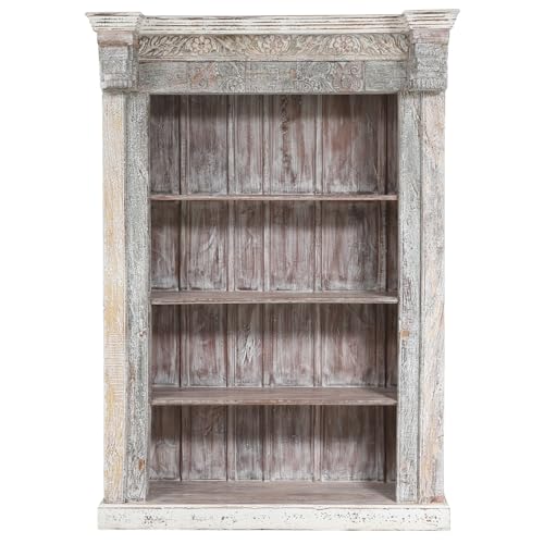 Handgeschnitztes Regal aus Teak Massivholz – 206 cm, Vintage Braun | Standregal für Wohnzimmer, Diele & Schlafzimmer | Offenes Bücherregal, Raumteiler & Wandregal ohne Bohren Muster -152- von Marrakesch Orient & Mediterran Interior