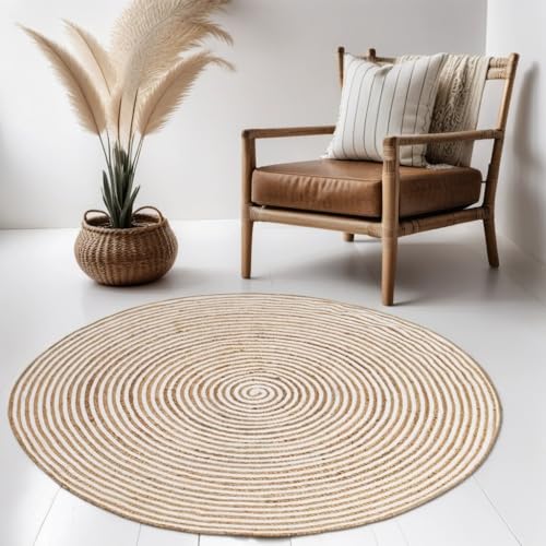 Handgewebter runder Jute Teppich 120 cm Teppich Rocio | Outdoor Teppiche Rund geflochten für Garten oder Balkon | Indoor im Wohnzimmer Kinderzimmer | Mediterrane Deko für Ihre Wohnung von Marrakesch Orient & Mediterran Interior