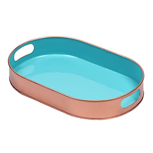 MARRAKESCH Boho Deko Tablett Serviertablett Oval aus Metall 32cm groß mit Henkel Aarhus Blau Skandinavische Asthetic Deko für Wohnzimmer von Marrakesch Orient & Mediterran Interior