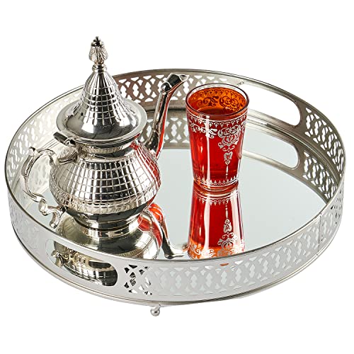 MARRAKESCH rundes Spiegeltablett Nikita 30cm groß Silber | Kerzentablett Tablett rund aus Metall mit hoher Rand | Vintage Serviertablett Küche | Orientalische Silberne Deko auf dem gedeckten Tisch von Marrakesch Orient & Mediterran Interior