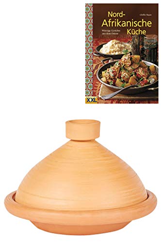 Marokkanische Tajine Topf zum Kochen + Kochbuch | Schmortopf Unglasiert Tuareg Ø 27cm für 1-3 Personen | inklusive Rezepte Buch Nord Afrikanische Küche | ORIGINAL Tontopf handgetöpfert aus Marokko von Marrakesch Orient & Mediterran Interior