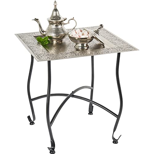 Marokkanischer Tisch Beistelltisch aus Metall Sule 42cm eckig | Orientalischer runder Teetisch klein mit klappbaren Gestell in Schwarz | Das Tablett Diese Klapptische ist orientalisch in Silber von Marrakesch Orient & Mediterran Interior