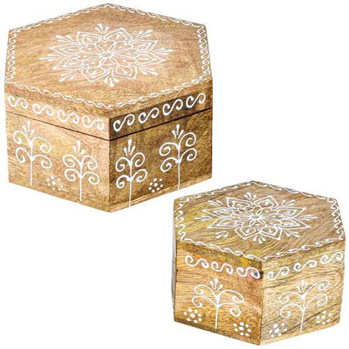 Marrakesch 2er Set Aufbewahrungsbox mit Deckel aus Holz 15 & 10cm groß | Boho Deko Schmuckkästchen Hajdar -3- zur Schmuckaufbewahrung | Massive Holzbox Ideal als Geschenkbox Geschenke für Frauen von Marrakesch Orient & Mediterran Interior