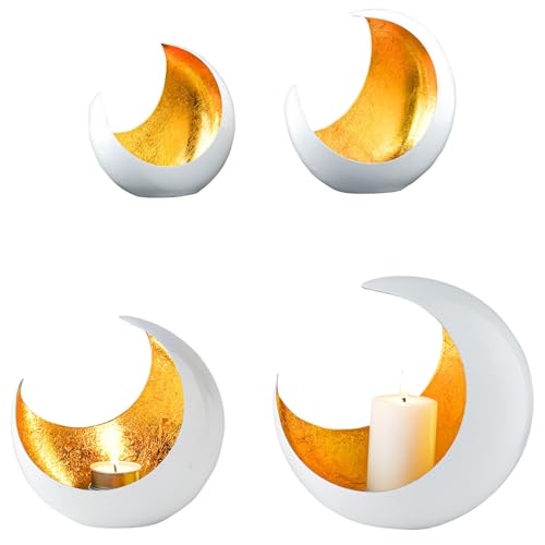 Marrakesch 2er Set Boho Deko Aesthetic Teelichthalter aus Metall 20 cm groß | Windlicht Moon Weiß Gold als Garten Wohnzimmer Tisch Deko | Moderne Deko Windlichter Kerzenhalter für Teelichter von Marrakesch Orient & Mediterran Interior