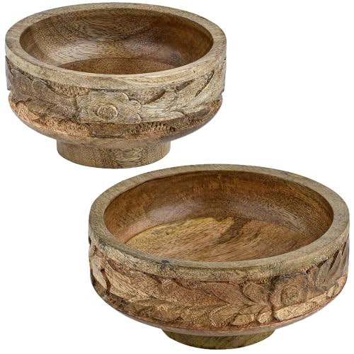 Marrakesch 2er Set Boho Deko Obstschale Schale aus Holz 20 & 15 cm groß | Handgeschnitzte Holzschale rund Lulua als Schlüsselschale oder Schmuckaufbewahrung | Brotkorb als Tischdeko Küchendeko von Marrakesch Orient & Mediterran Interior