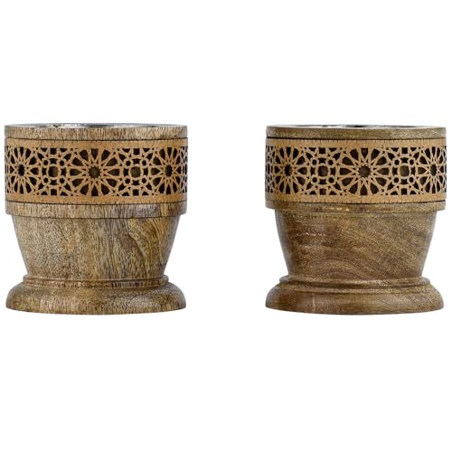 Marrakesch 2er Set Boho Deko Teelichthalter Kerzenständer aus Holz geschnitzt 7,5cm groß Ghada | Vintage Orientalische Kerzenhalter als Wohnzimmer Tischdeko oder Schlafzimmer Zimmer Frühlingsdeko von Marrakesch Orient & Mediterran Interior