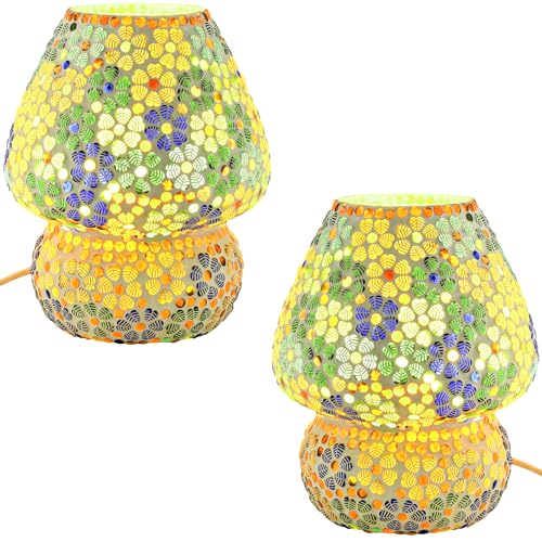 Marrakesch 2er Set Boho Deko Tischlampe Nachttischlampe 23cm groß | Deko Aesthetic Tischleuchte Lampe im Wohnzimmer Schlafzimmer & Kinderzimmer | Tischleuchte Aubina -3- aus Mosaik E27 Lampenfassung von Marrakesch Orient & Mediterran Interior