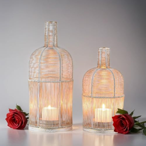 Marrakesch 2er Set Boho Deko Windlicht Laterne 32 & 25cm aus Metall in weiß | Teelichthalter als Tischdeko Wohnzimmer Deko | Kerzenhalter Windlichter Preston als Balkon & Garten Aesthetic Gartendeko von Marrakesch Orient & Mediterran Interior