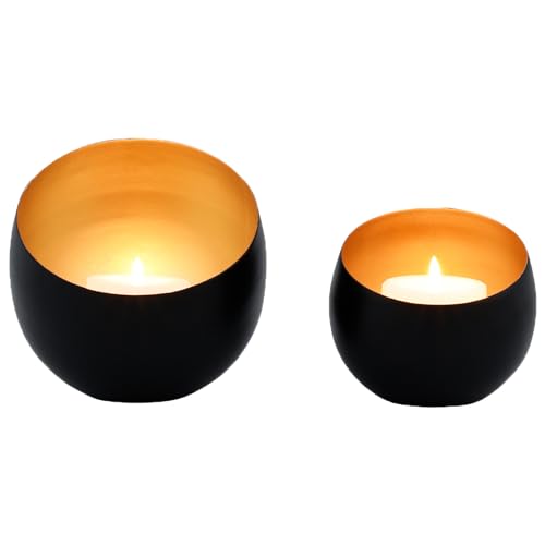 Marrakesch 2er Set Deko Aesthetic Teelichthalter aus Metall 12 cm groß Schwarz Gold | Windlicht Juju als Garten Wohnzimmer Tisch Deko | Exquisite Schwarze Windlichter Kerzenhalter für Teelichter von Marrakesch Orient & Mediterran Interior