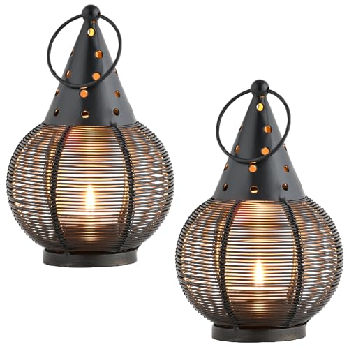 Marrakesch 2er Set Orientalische Deko Teelichthalter rund aus Metall 17cm groß schwarz Gold | Kerzenhalter Simta als Frühling Wohnzimmer Tisch Deko | Kerzenständer für Teelichter als Gartendeko von Marrakesch Orient & Mediterran Interior