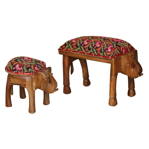 Marrakesch 2er Set Sitzhocker aus Holz Bestickt 70 & 40cm groß | Orientalische Deko Elefantenhocker Bunt als Schlafzimmer oder Flur Deko | Retro Polsterhocker Adisbo als Sitzgelegenheit im Wohnzimmer von Marrakesch Orient & Mediterran Interior