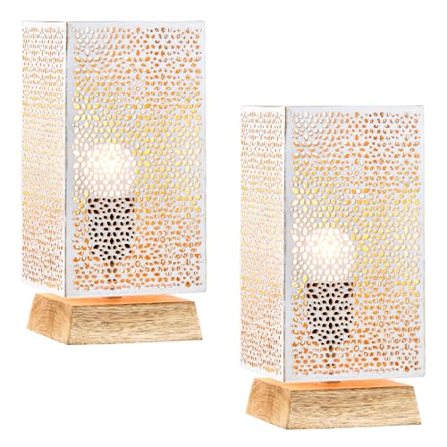 Marrakesch 2er Set Tischlampe Nachttischlampe 25cm groß | Boho Deko Lampe im Wohnzimmer Schlafzimmer oder Kinderzimmer | Moderne Tischleuchte Autigan weiß aus Metall & Holz mit E27 Fassung von Marrakesch Orient & Mediterran Interior