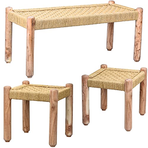 Marrakesch Boho Deko 3er Set Sitzbank Hocker Beistelltisch aus Holz & Jute Josue | Balkonmöbel Gartenmöbel Ideal im Garten Terrasse und Balkon Deko von Marrakesch Orient & Mediterran Interior