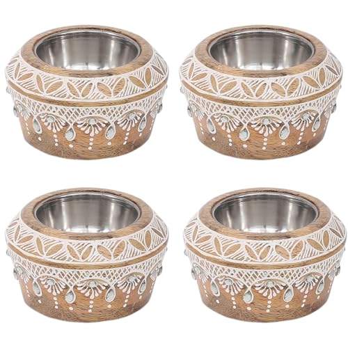Marrakesch 2er Set Boho Deko Teelichthalter Kerzenständer aus Holz bemalt 9cm groß Anasuya | Vintage Orientalische Kerzenhalter als Wohnzimmer Tischdeko oder Schlafzimmer Zimmer Frühlingsdeko von Marrakesch Orient & Mediterran Interior